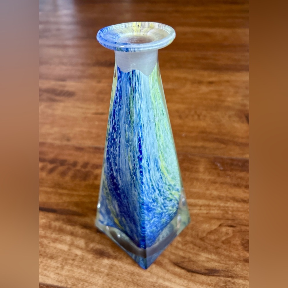 Triangular Handblown Art Glass Vase in Blue and Yellow